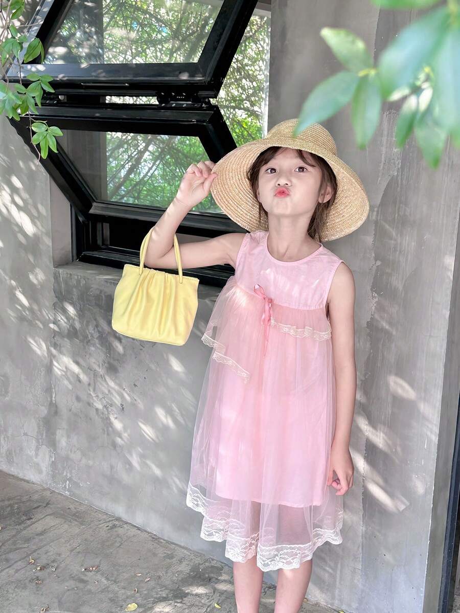 Niñas Vestido smock con malla con encaje en contraste ribete con fruncido - Rosa - Ver 1