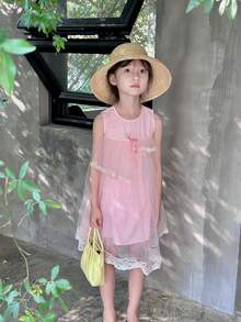 Niñas Vestido smock con malla con encaje en contraste ribete con fruncido - Rosa - Ver 3