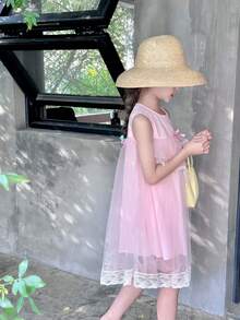 Niñas Vestido smock con malla con encaje en contraste ribete con fruncido - Rosa - Ver 4