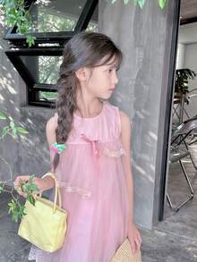 Niñas Vestido smock con malla con encaje en contraste ribete con fruncido - Rosa - Ver 5