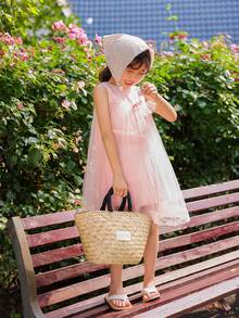 Niñas Vestido smock con malla con encaje en contraste ribete con fruncido - Rosa - Ver 6