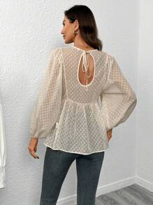 Aveloria Swiss Dot Embroidery Detail Lantern Sleeve Chiffon Blouse - Beige - View 2