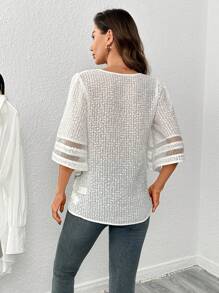 SHEIN Frenchy Mesh Insert Flare Sleeve Blouse - White - View 2