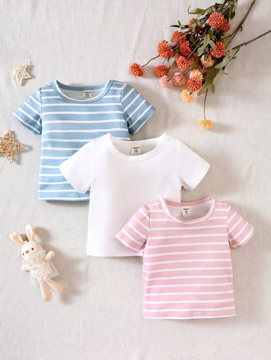 3pcs Baby Girl Casual Striped & Solid Color Short Sleeve T-Shirts, Versatile For Daily Wear - Multicolor - View 1