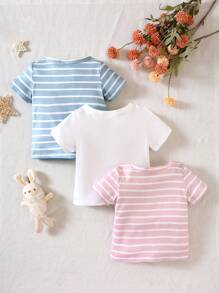 3pcs Baby Girl Casual Striped & Solid Color Short Sleeve T-Shirts, Versatile For Daily Wear - Multicolor - View 2