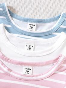 3pcs Baby Girl Casual Striped & Solid Color Short Sleeve T-Shirts, Versatile For Daily Wear - Multicolor - View 3