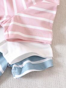 3pcs Baby Girl Casual Striped & Solid Color Short Sleeve T-Shirts, Versatile For Daily Wear - Multicolor - View 4