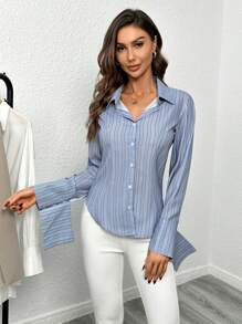 SHEIN Privé In sọc Nút phía trước Áo sơ mi - Nhiều màu - Xem 4