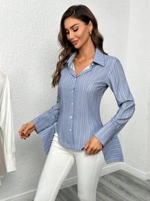 SHEIN Privé In sọc Nút phía trước Áo sơ mi - Nhiều màu - Xem 5