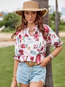 SHEIN Clasi 印花缺口領襯衫 - 白色 - 查看 2