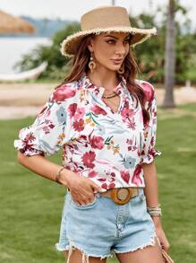 SHEIN Clasi 印花缺口領襯衫 - 白色 - 查看 4