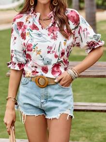 SHEIN Clasi 印花缺口領襯衫 - 白色 - 查看 1