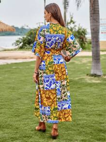 SHEIN VCAY 印花蝙蝠袖繫腰帶連衣裙 - 彩色 - 查看 2