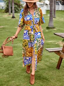 SHEIN VCAY 印花蝙蝠袖繫腰帶連衣裙 - 彩色 - 查看 5