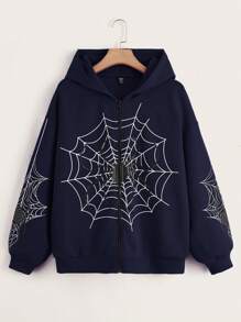 SHEIN EZwear 加大码蜘蛛网印花拉链落肩卫衣 - 藏蓝色 - 查看 1