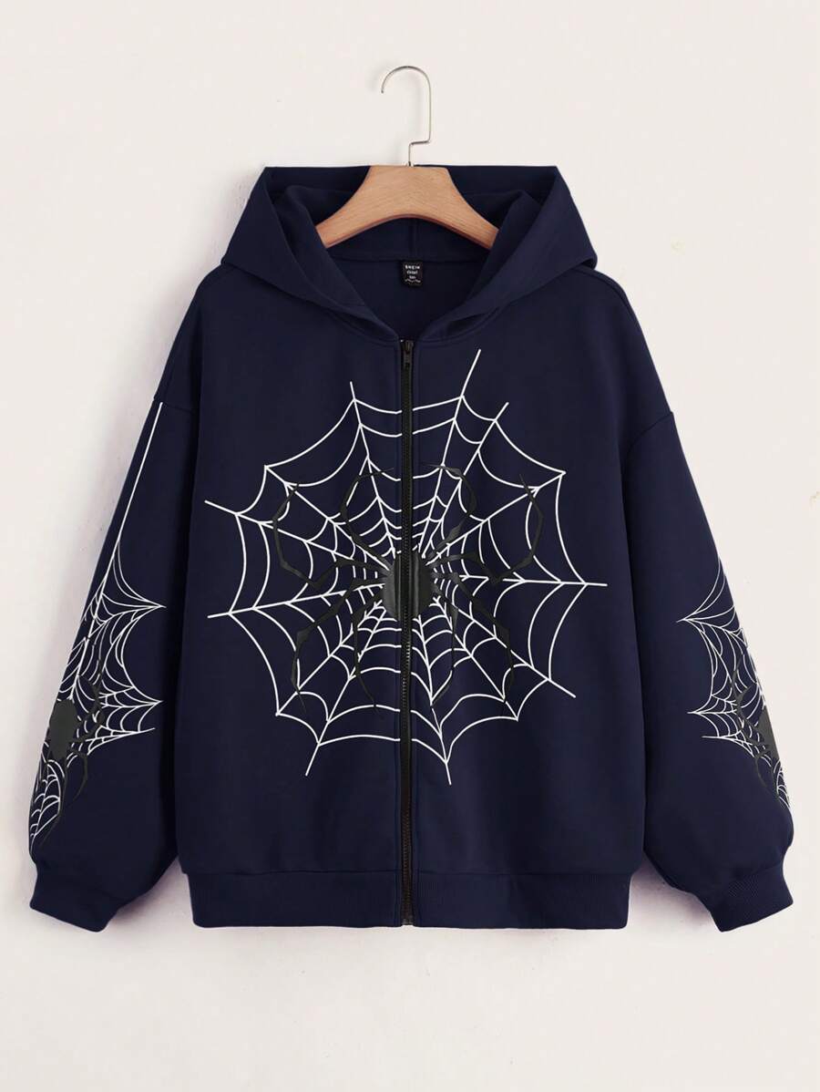 SHEIN EZwear 加大码蜘蛛网印花拉链落肩卫衣 - 藏蓝色 - 查看 1