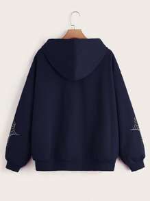 SHEIN EZwear 加大码蜘蛛网印花拉链落肩卫衣 - 藏蓝色 - 查看 2