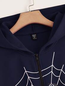 SHEIN EZwear 加大码蜘蛛网印花拉链落肩卫衣 - 藏蓝色 - 查看 3