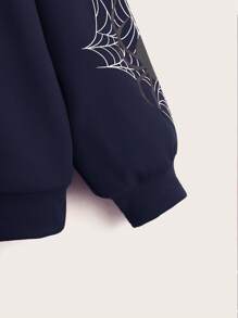 SHEIN EZwear 加大码蜘蛛网印花拉链落肩卫衣 - 藏蓝色 - 查看 4