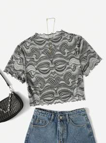 SHEIN EZwear 大碼大理石圖案木耳邊網紗上衣 - 彩色 - 查看 1