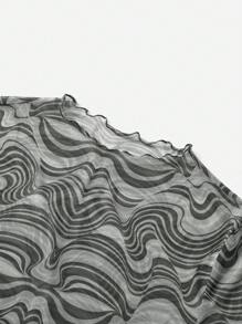 SHEIN EZwear 大碼大理石圖案木耳邊網紗上衣 - 彩色 - 查看 4