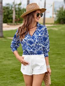 SHEIN VCAY Floral Print Drop Shoulder Blouse - White - View 6