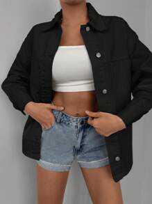 Cottnline Chất rắn Túi Kép Áo khoác denim - màu đen - Xem 1