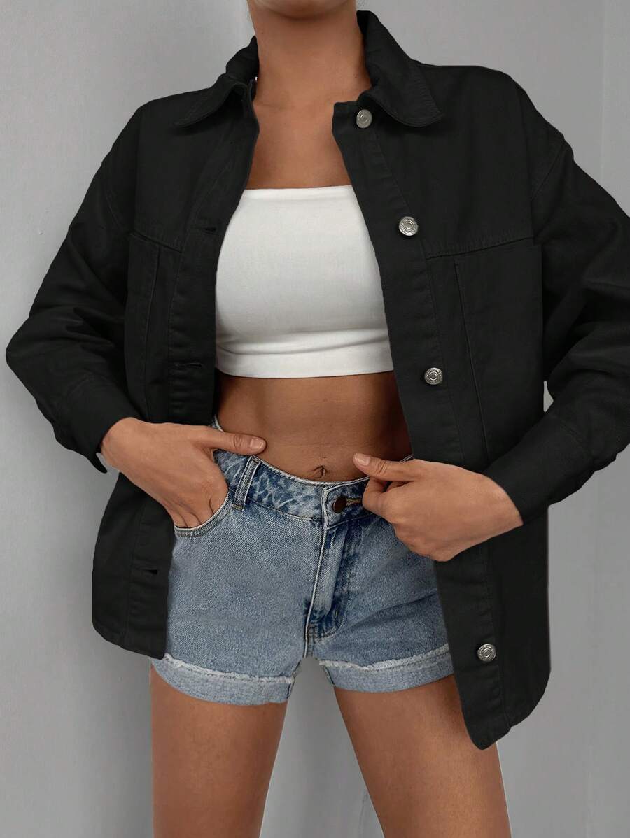 Cottnline Chất rắn Túi Kép Áo khoác denim - màu đen - Xem 1