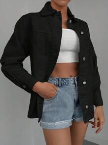 Cottnline Chất rắn Túi Kép Áo khoác denim - màu đen - Xem 4