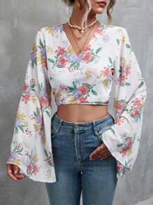 SHEIN Unity 印花喇叭袖短款襯衫 - 彩色 - 查看 1