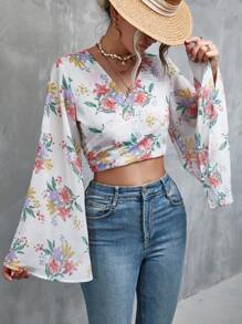 SHEIN Unity 印花喇叭袖短款襯衫 - 彩色 - 查看 3