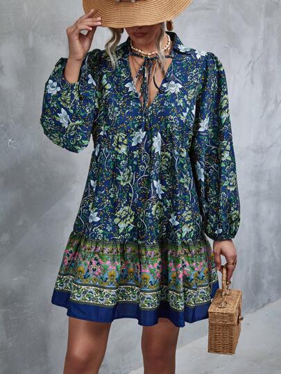 SHEIN LUNE Floral Print Lantern Sleeve Smock Dress