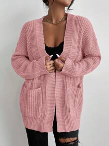 Chiquease Dual Pockets Ribbed Knit Drop Shoulder Cardigan