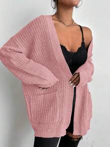 Chiquease Dual Pockets Ribbed Knit Drop Shoulder Cardigan