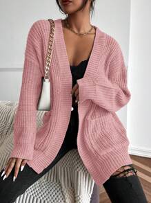 Chiquease Dual Pockets Ribbed Knit Drop Shoulder Cardigan