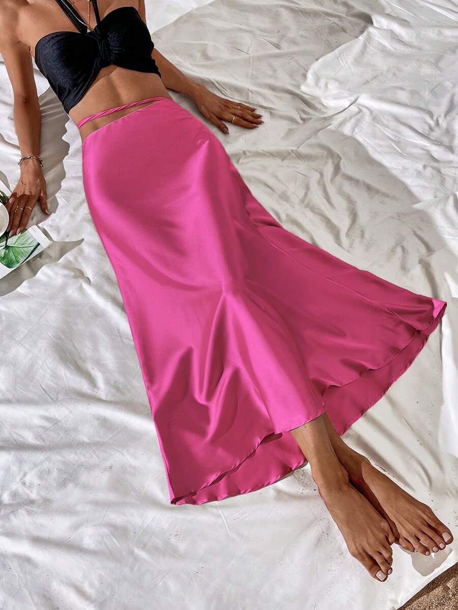 SHEIN VCAY 素色高腰緞面半身裙 - 玫紅色 - 查看 1