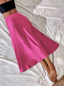 SHEIN VCAY 素色高腰緞面半身裙 - 玫紅色 - 查看 2