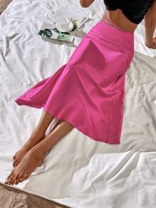 SHEIN VCAY 素色高腰緞面半身裙 - 玫紅色 - 查看 3