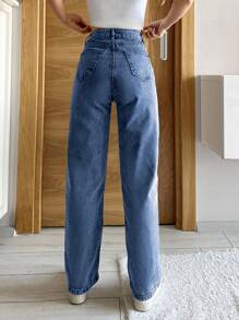 SHEIN PETITE Zipper Fly Straight Leg Jeans ,Petite Women - Medium Wash - View 2