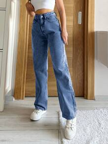 SHEIN PETITE Zipper Fly Straight Leg Jeans ,Petite Women - Medium Wash - View 3