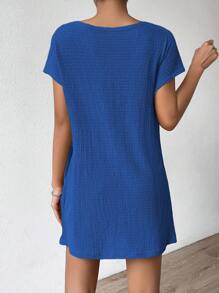 SHEIN Essnce Bộ đồ hai mảnh nữ Gân đan màu trơn Giải trí - Xanh đậm - Xem 2