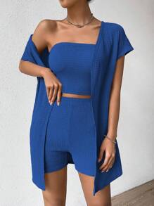 SHEIN Essnce Bộ đồ hai mảnh nữ Gân đan màu trơn Giải trí - Xanh đậm - Xem 3