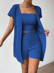 SHEIN Essnce Bộ đồ hai mảnh nữ Gân đan màu trơn Giải trí - Xanh đậm - Xem 4