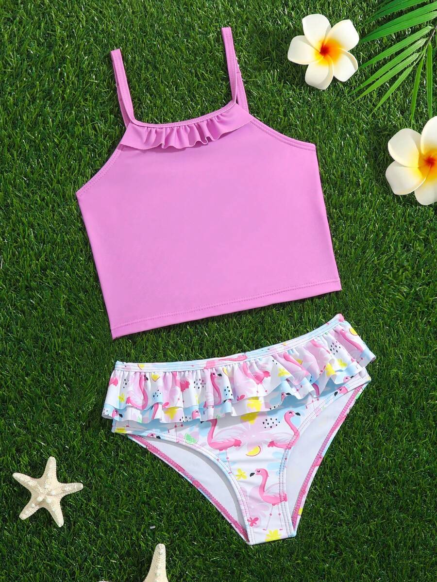 Young Girl Flamingo Print Ruffle Trim Bikini Set Summer Beach - Multicolor - View 1