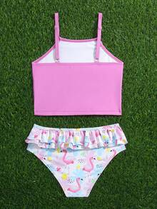 Young Girl Flamingo Print Ruffle Trim Bikini Set Summer Beach - Multicolor - View 2