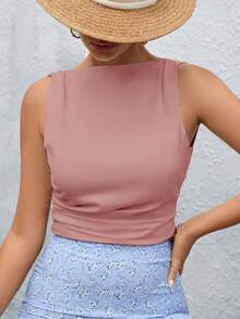 SHEIN Privé Solid Ruched Side Crop Blouse - Dusty Pink - View 4