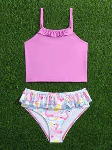 Young Girl Flamingo Print Ruffle Trim Bikini Set Summer Beach - Multicolor - View 3