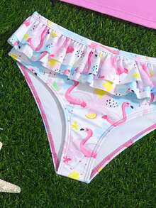 Young Girl Flamingo Print Ruffle Trim Bikini Set Summer Beach - Multicolor - View 4