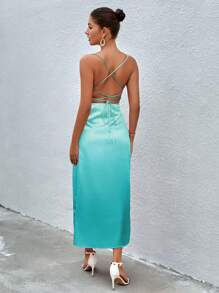 GENKIRA Solid Satin Cami Dress - Blue - View 2