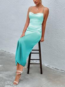 GENKIRA Solid Satin Cami Dress - Blue - View 4